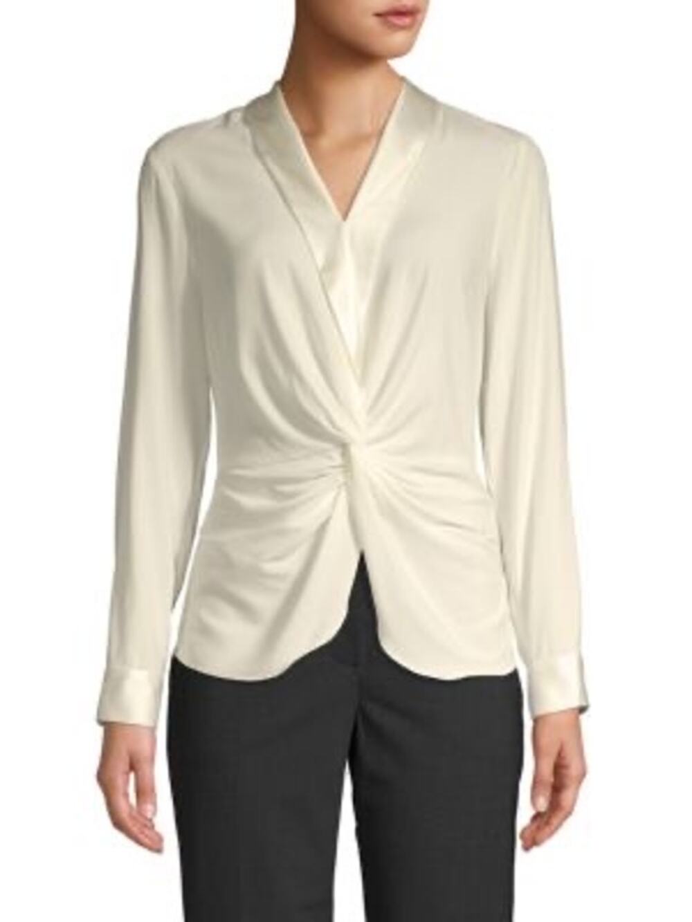 Donna Karan Ivory Twist Front Satin Trim Long Sleeve Formal Blouse Size Medium